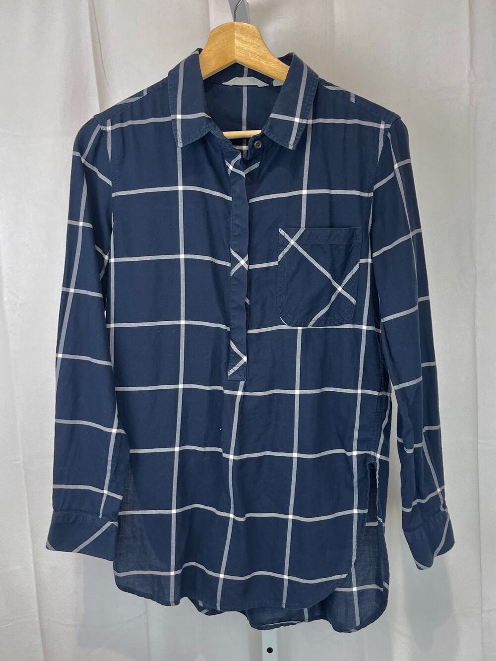 ATHLETA Presidio Tunic Popover Top Windowpane Check Cotton Navy Blue Size XS